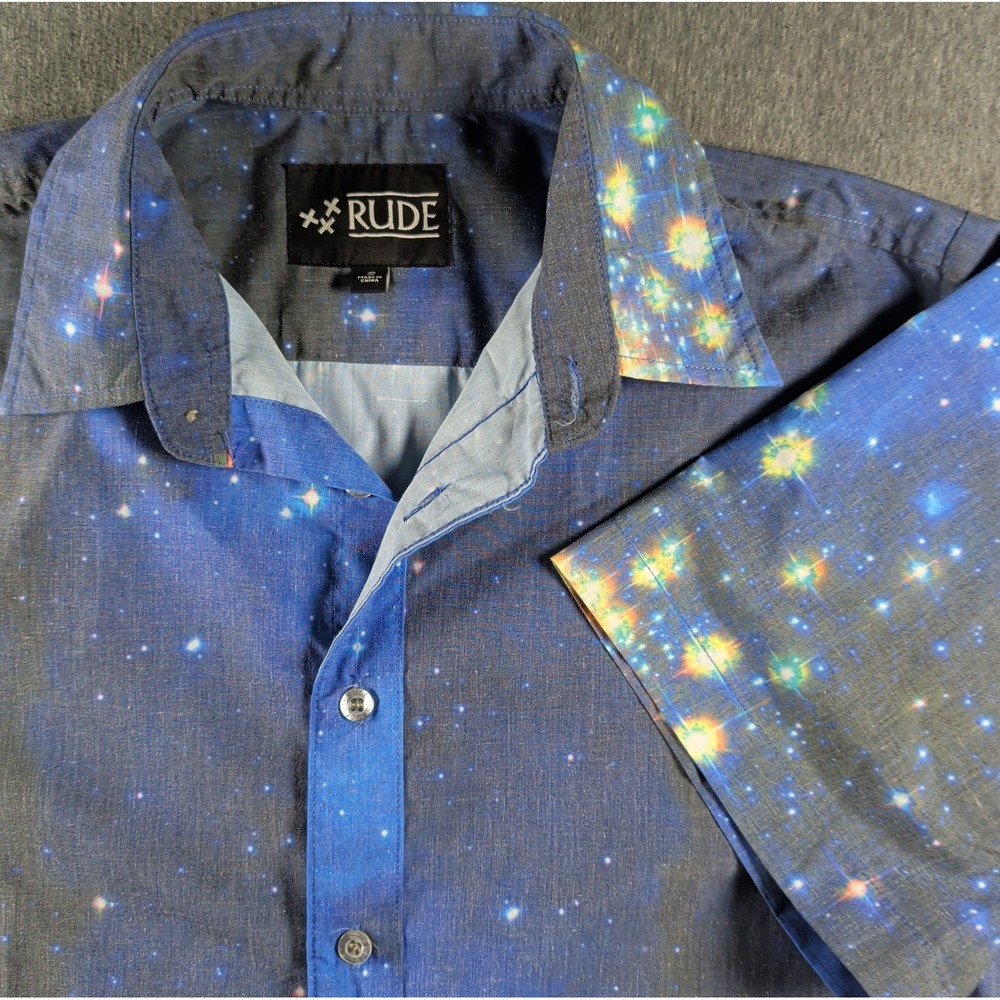 XXX RUDE Star Galaxy Pattern Shirt Sz S All Over Short Sleeve Grunge Y2K Space
